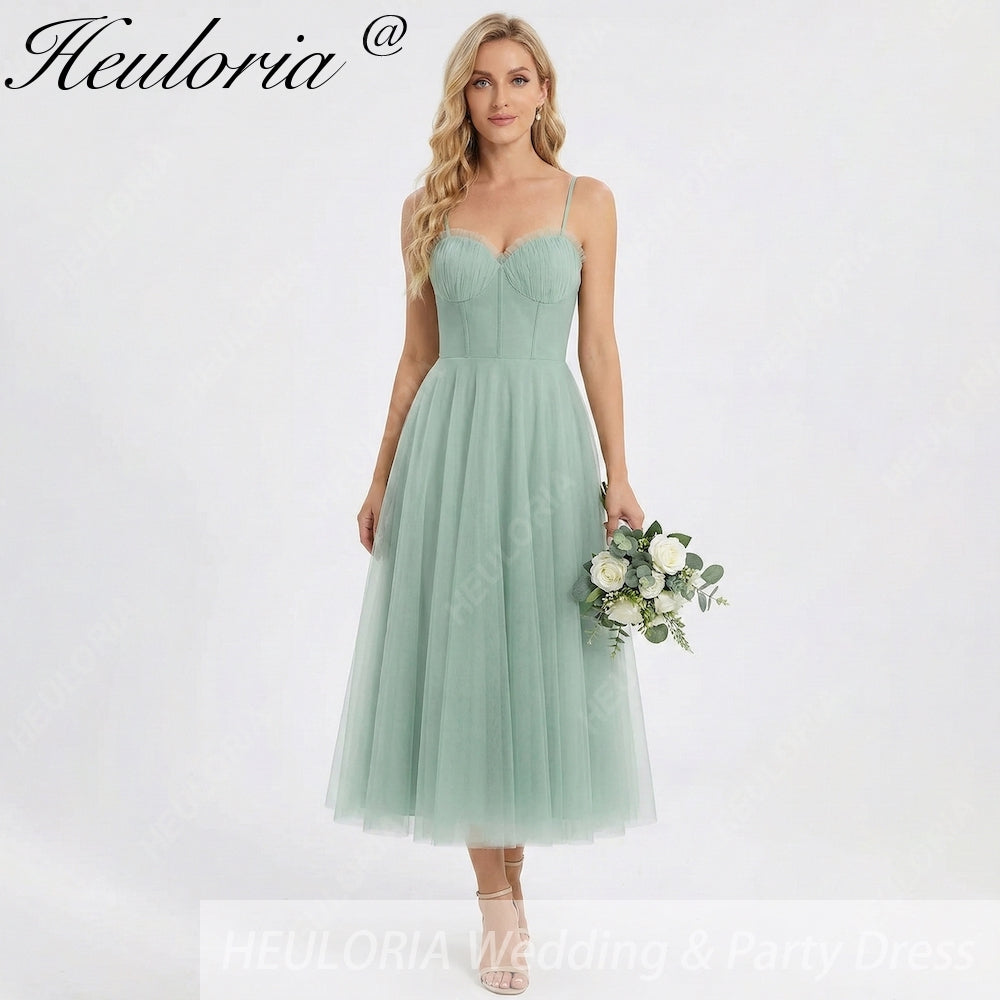HEULORIA Sage Green Tea-Length Tulle Formal Dress - Frill Sweetheart Neckline & Corset Bodice Bridesmaid dresses ED-266