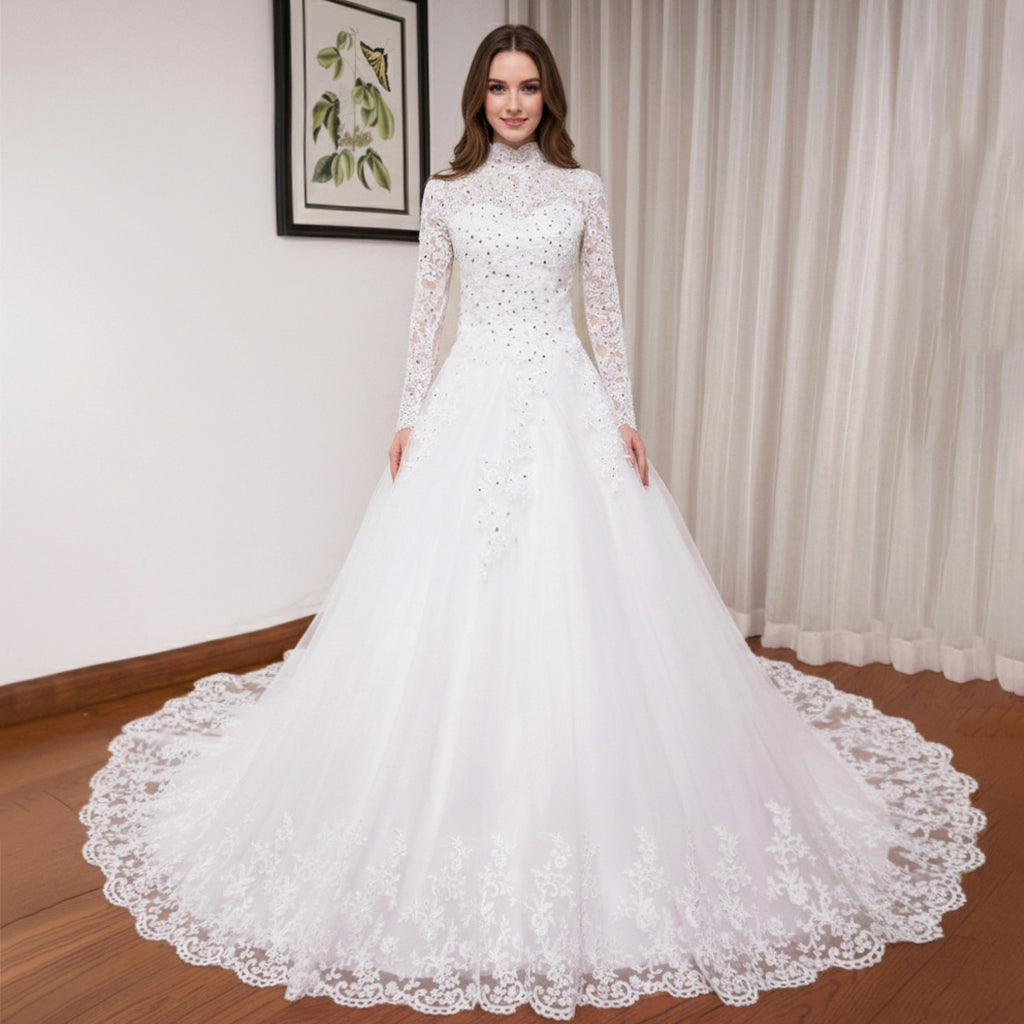 HEULORIA Muslim Wedding Dress long sleeve high neck bride dress Lace beading Wedding Gown BA-N-Classic