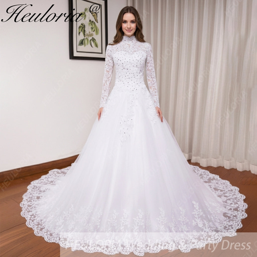 HEULORIA Muslim Wedding Dress long sleeve high neck bride dress Lace beading Wedding Gown BA-N-Classic
