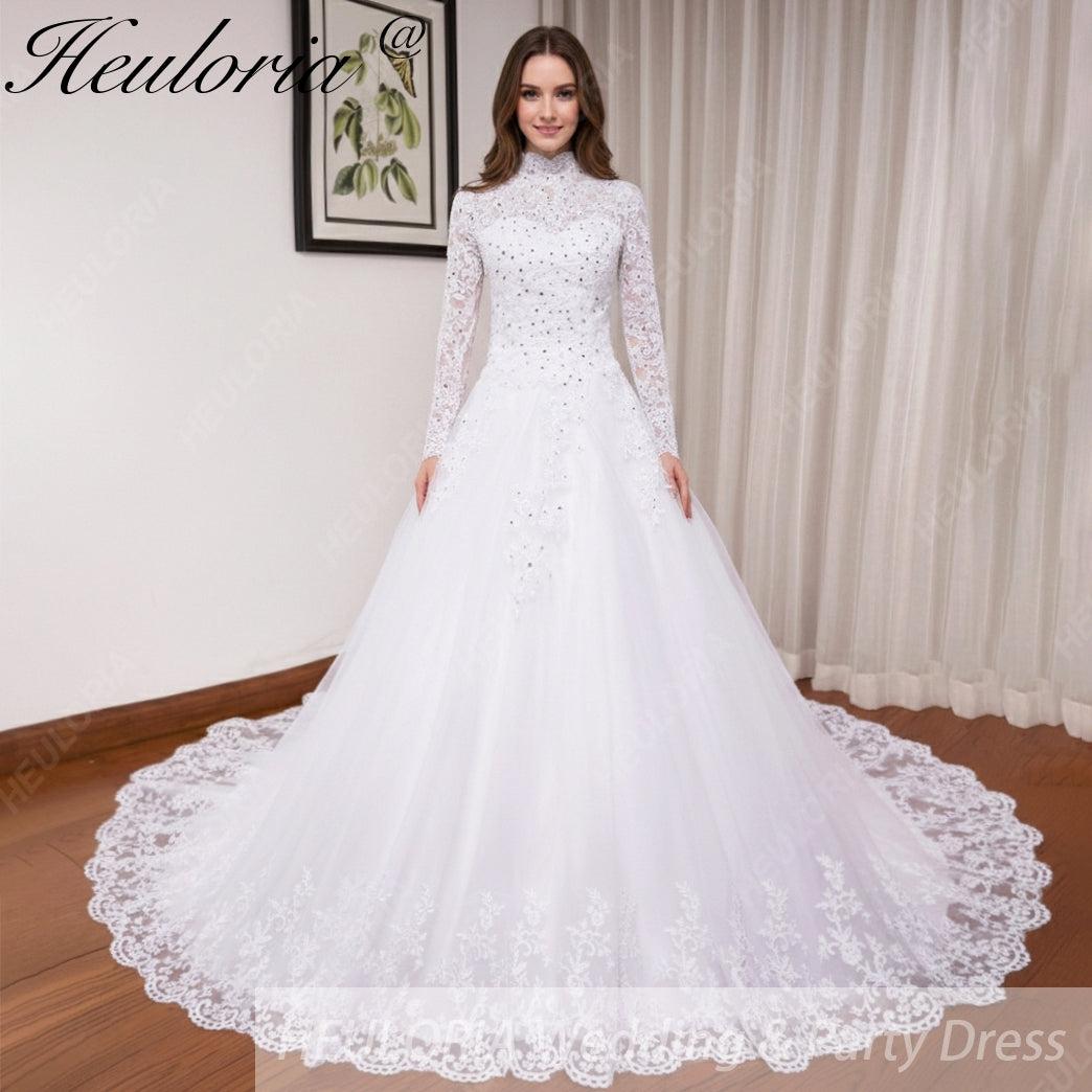 HEULORIA Muslim Wedding Dress long sleeve high neck bride dress Lace beading Wedding Gown BA-N-Classic