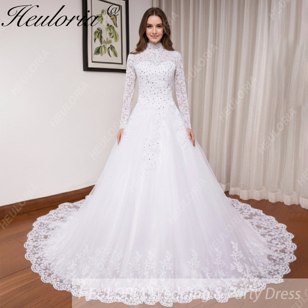 HEULORIA Muslim Wedding Dress long sleeve high neck bride dress Lace beading Wedding Gown BA-N-Classic