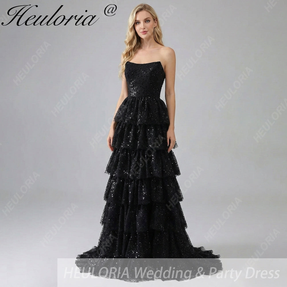 HEULORIA Sparkling Black Sequin Tiered Evening Gown - Strapless Layered Tulle Formal Dress ED-234