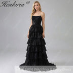 HEULORIA Sparkling Black Sequin Tiered Evening Gown - Strapless Layered Tulle Formal Dress ED-234