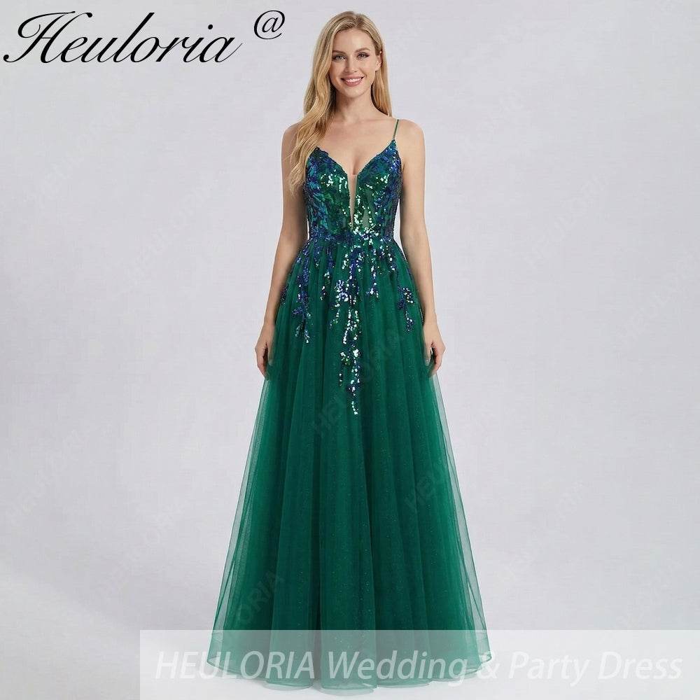 HEULORIA Dark Green Sequin V-Neck Prom Dress: Spaghetti Strap Lace-Up A-Line Formal Gown ED-340