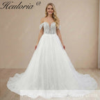 HEULORIA elegant A line wedding dress off shoulder Sparkly Glitter lace bridal dress long sleeve Robe De Mariee Wedding Bride Dress long train AL-1080