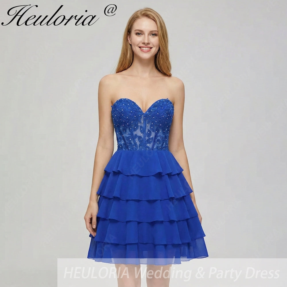 HEULORIA Sweetheart Strapless Tiered Chiffon Short Homecoming Dress with Lace Sequin Bodice ED-285 Image principale du produit
