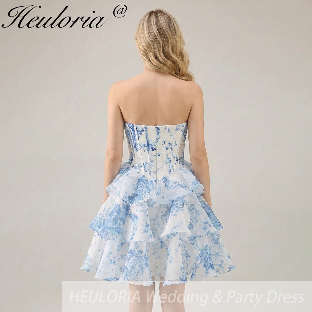 HEULORIA Strapless Sweetheart Floral Corset Mini Dress with Tiered Ruffle Skirt ED-280