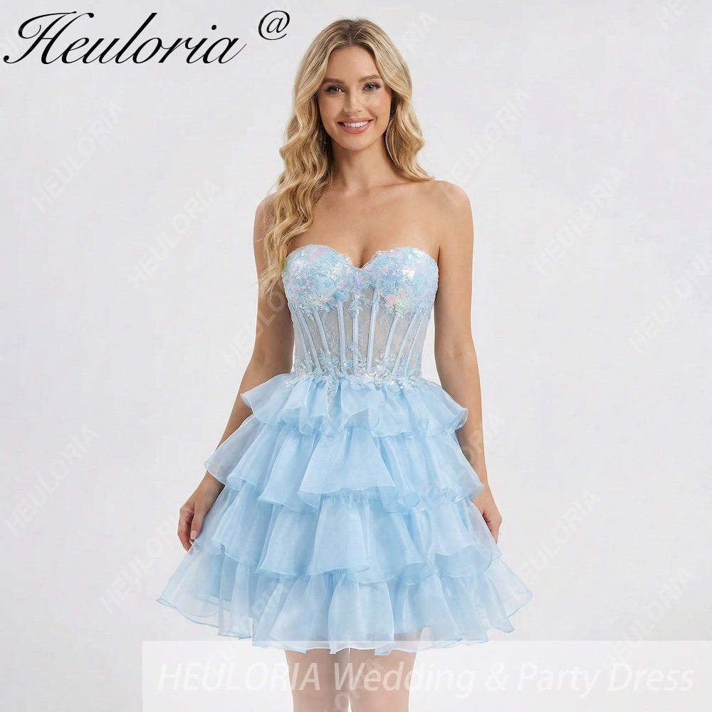HEULORIA Sparkling Light Blue Strapless Sweetheart Corset Tiered Ruffle Mini Dress - Homecoming & Cocktail Party ED-316