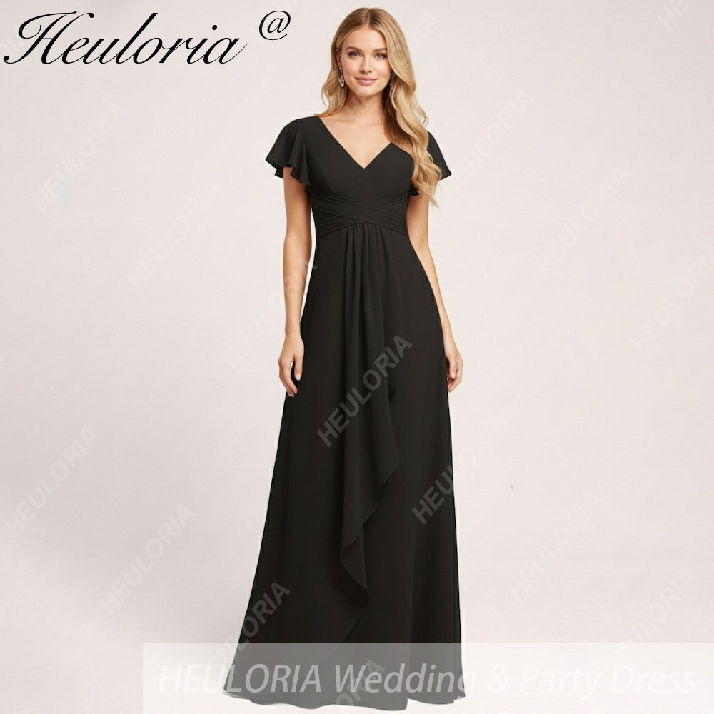 HEULORIA Long Bridemaid dress short sleeve V neck chiffon party dress formal dress ED-135