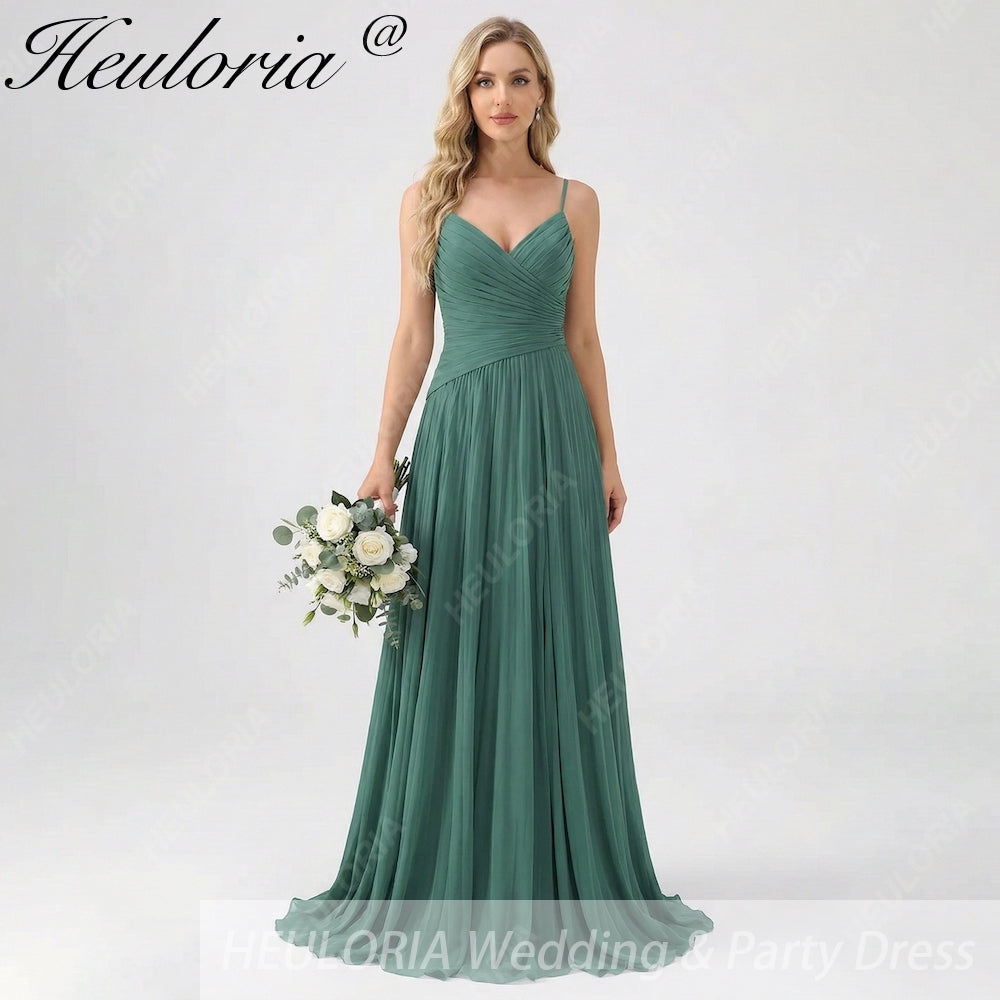 HEULORIA Eucalyptus Green Pleated Chiffon V-Neck Spaghetti Strap Floor-Length Evening Dress ED-261