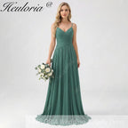 HEULORIA Eucalyptus Green Pleated Chiffon V-Neck Spaghetti Strap Floor-Length Evening Dress ED-261