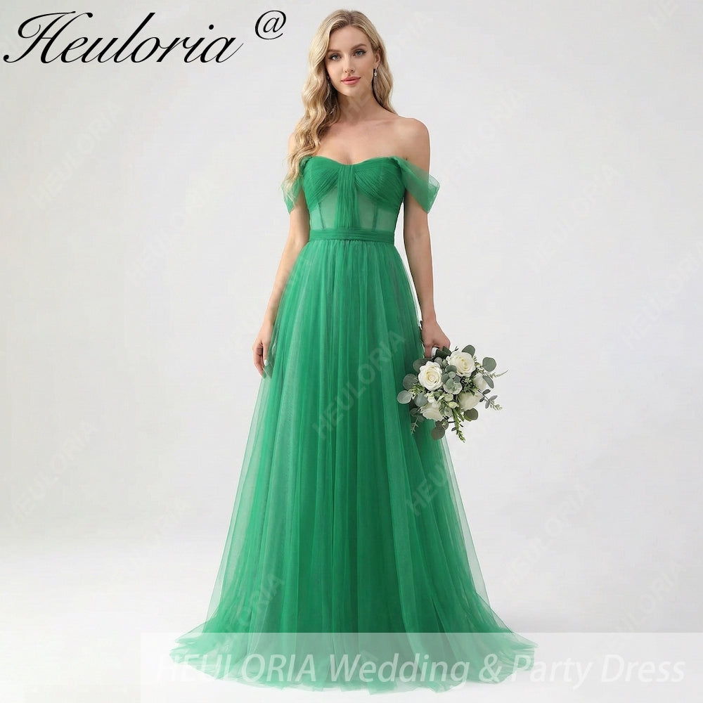 HEULORIA Emerald Green Off-the-Shoulder Tulle Gown - Corset Bodice A-Line Evening Dress ED-262