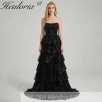 HEULORIA Sparkling Black Sequin Tiered Evening Gown - Strapless Layered Tulle Formal Dress ED-234