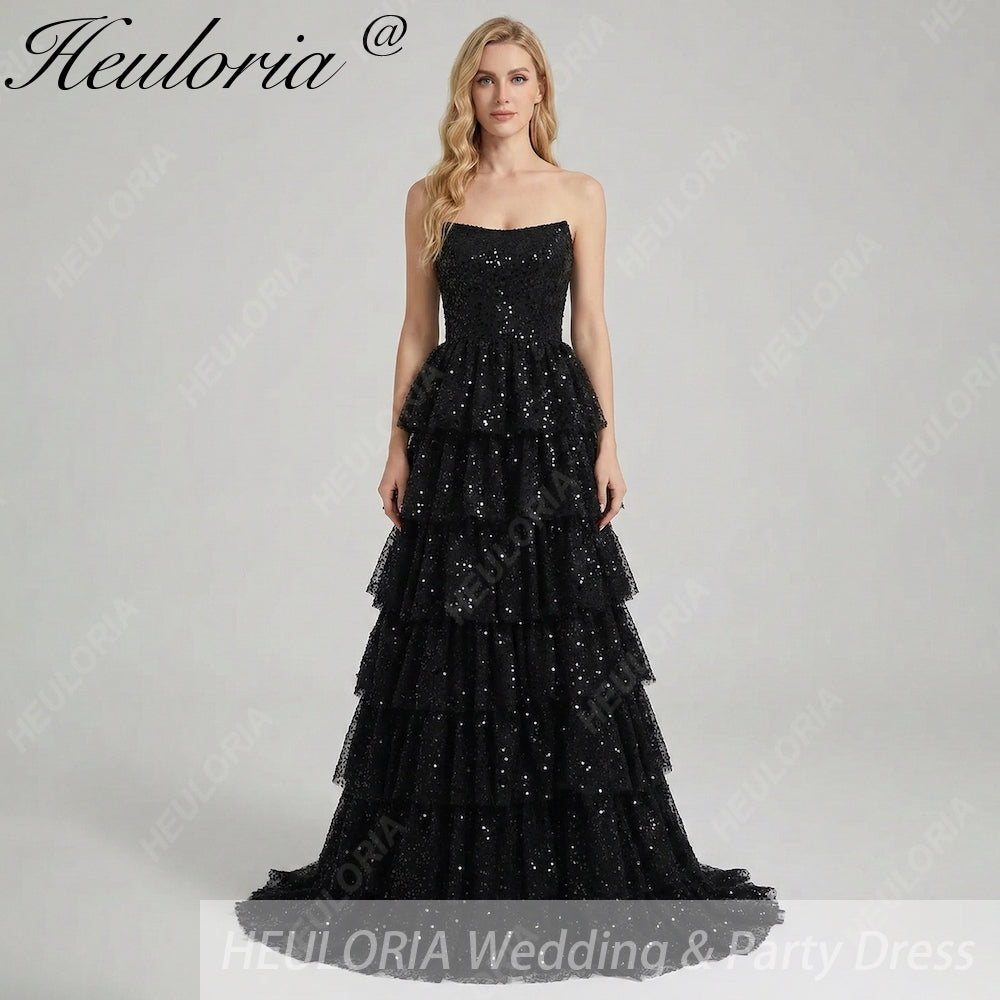 HEULORIA Sparkling Black Sequin Tiered Evening Gown - Strapless Layered Tulle Formal Dress ED-234