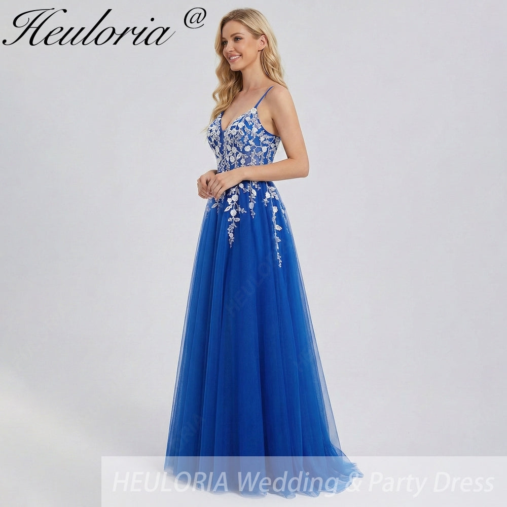 HEULORIA Enchanting 3D Floral Applique V-Neck Tulle A-Line Prom Dress - Corset Back Formal Gown ED-341