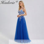 HEULORIA Enchanting 3D Floral Applique V-Neck Tulle A-Line Prom Dress - Corset Back Formal Gown ED-341