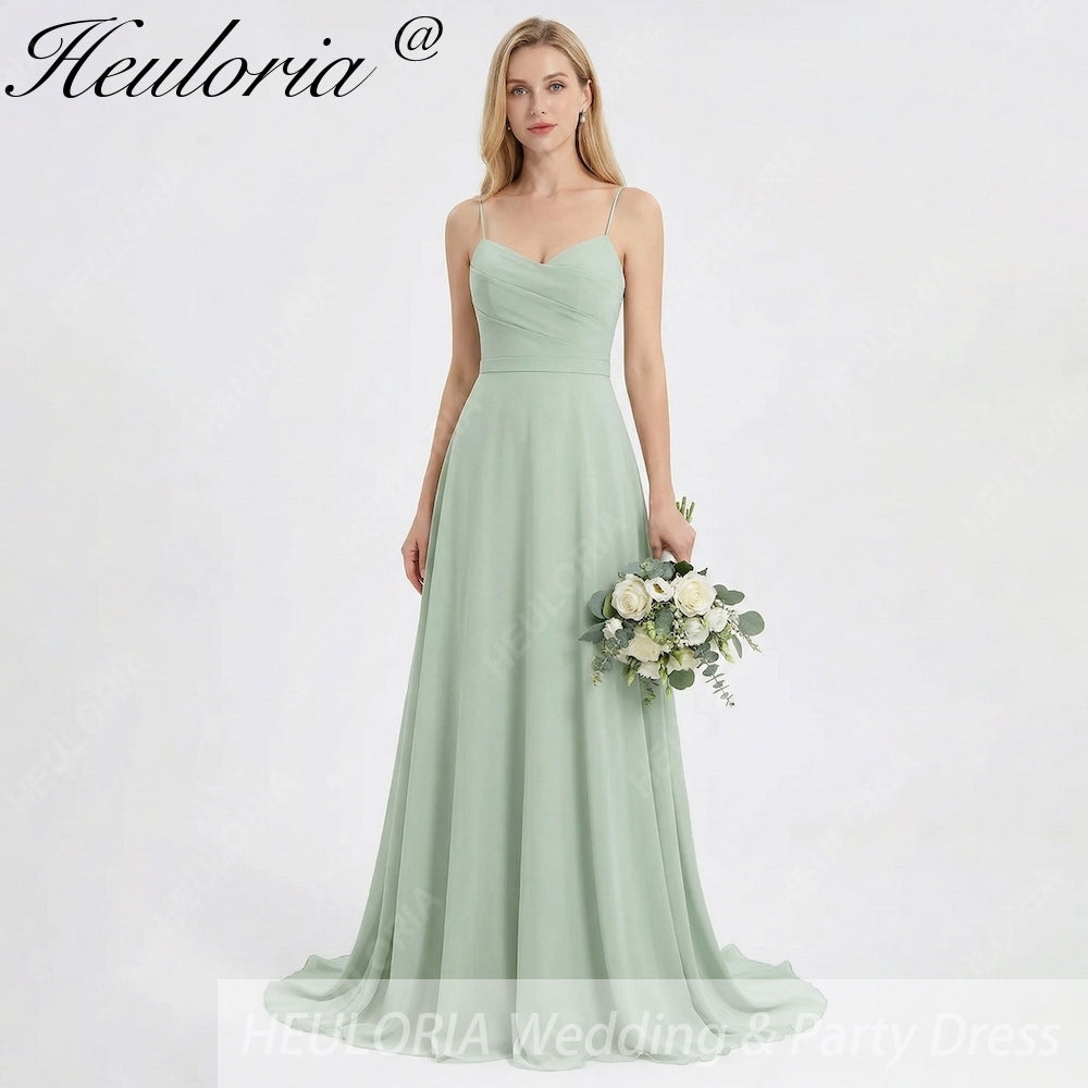 HEULORIA Dusty Sage Chiffon A-Line Bridesmaid Dress with Ruched Sweetheart Neckline and Spaghetti Straps ED-268