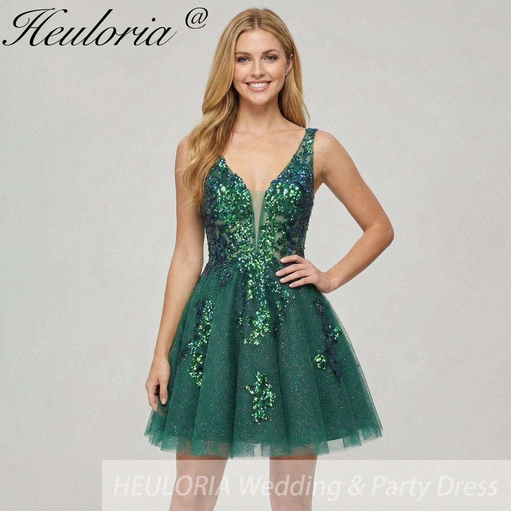 HEULORIA Sparkling V-Neck Sequined Lace Homecoming Dress - Sleeveless A-Line Short Party Gown ED-281 Image principale du produit