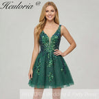 HEULORIA Sparkling V-Neck Sequined Lace Homecoming Dress - Sleeveless A-Line Short Party Gown ED-281