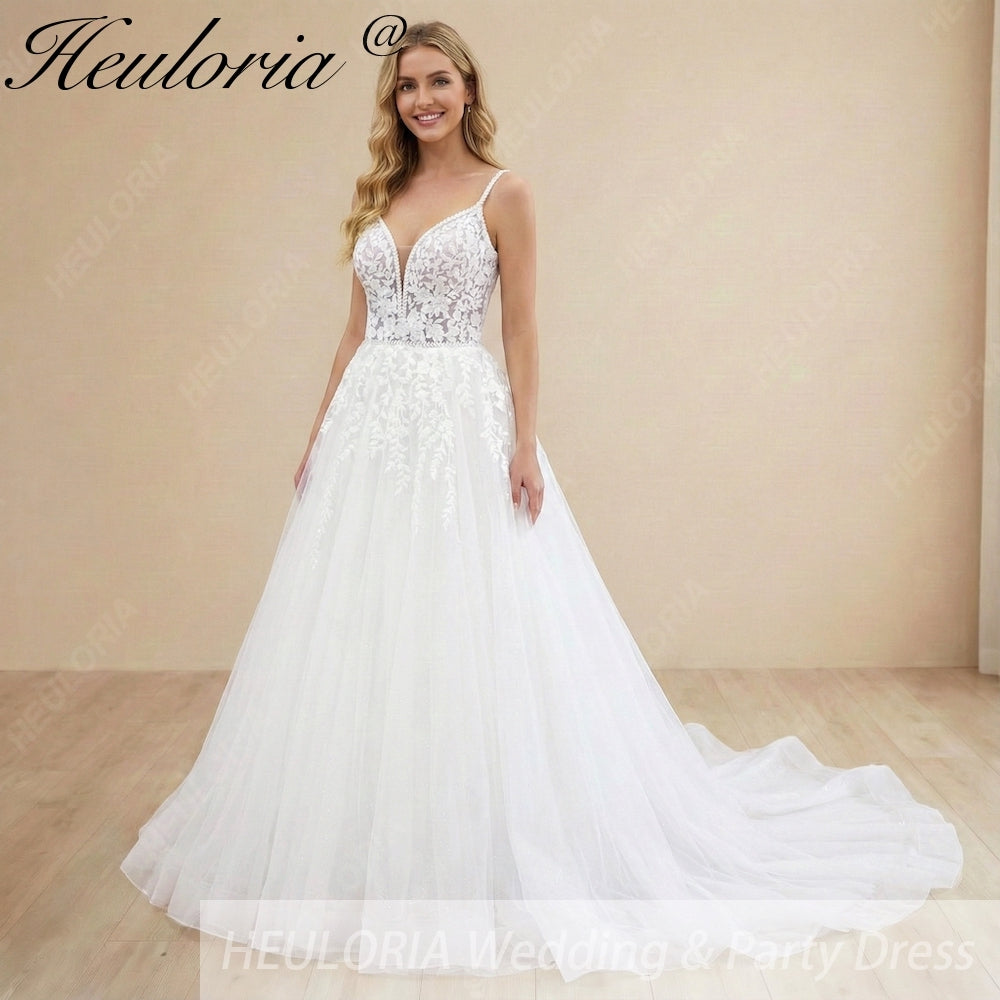 Heuloria Ethereal Shimmer: Deep V-Neck Spaghetti Strap Floral Lace A-Line Wedding Dress AL-1048 Main image