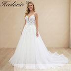 Heuloria Ethereal Shimmer: Deep V-Neck Spaghetti Strap Floral Lace A-Line Wedding Dress AL-1048