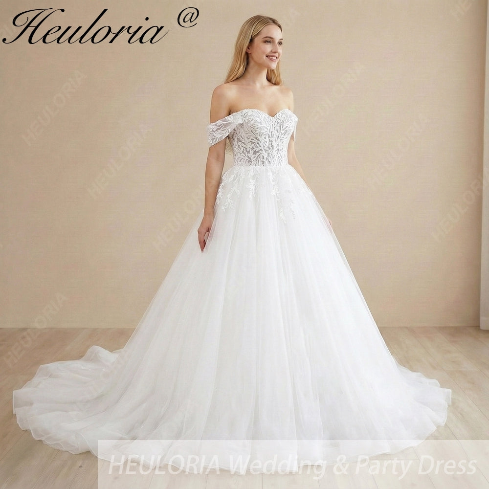 HEULORIA Ethereal Off-The-Shoulder Sweetheart Lace Wedding Dress with Chapel Train BA-1043