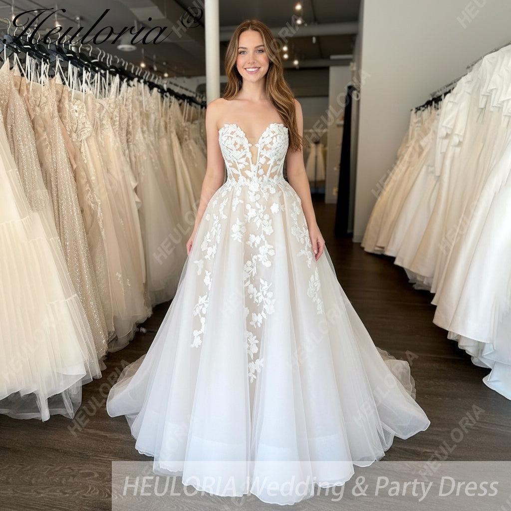 Elegant Boho A line Wedding Dress strapless lace applique bride dress robe de mariee A line Wedding Bridal Gown AL-679
