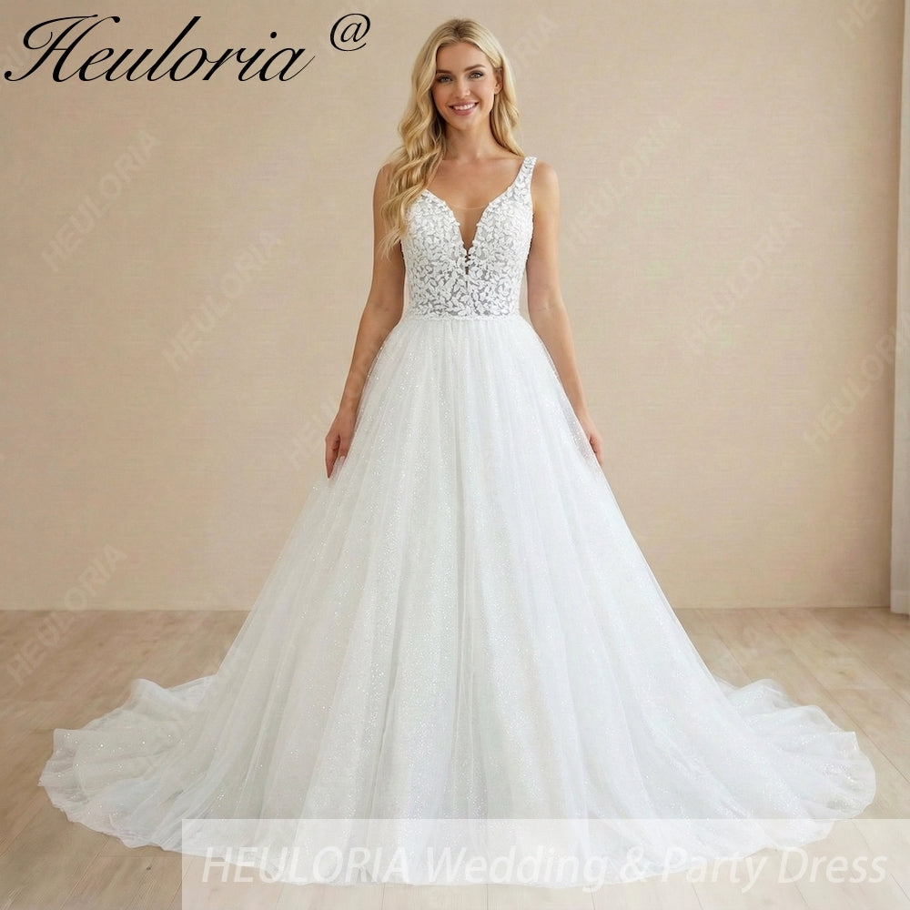 HEULORIA Radiant Sparkle A-Line Wedding Dress - Plunging V-Neck with Illusion Mesh & Leaf Lace Bodice AL-1059 Main image