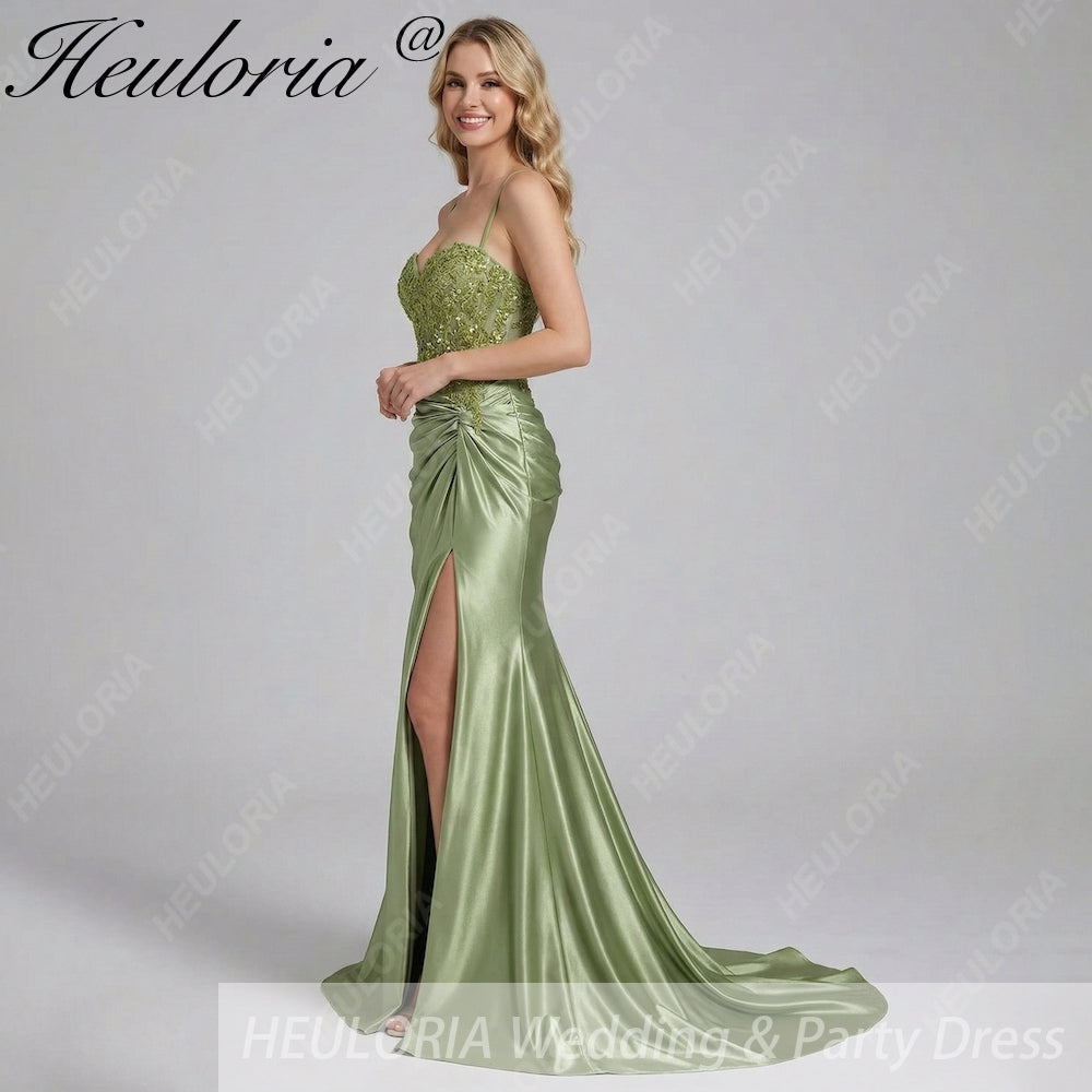 HEULORIA Sage Green Lace Applique Prom Dress: Spaghetti Straps Sweetheart Neckline with Side Slit ED-216
