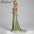 HEULORIA Sage Green Lace Applique Prom Dress: Spaghetti Straps Sweetheart Neckline with Side Slit ED-216