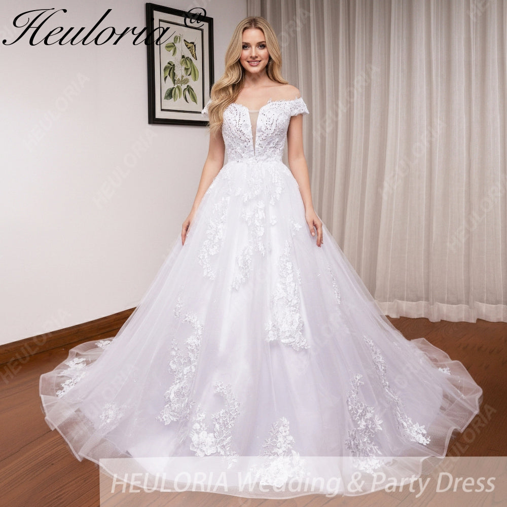 HEULORIA off shoulder lace beading princess ball gown wedding dress plus size shinny skirt bridal dress BA-1214