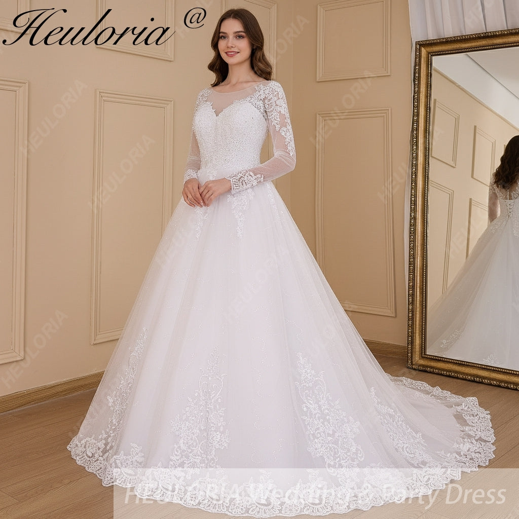 HEULORIA Princess Ball Gown Wedding Dress long sleeve sweetheart plus size robe de mariee Lace beading bride dress court train BA-640