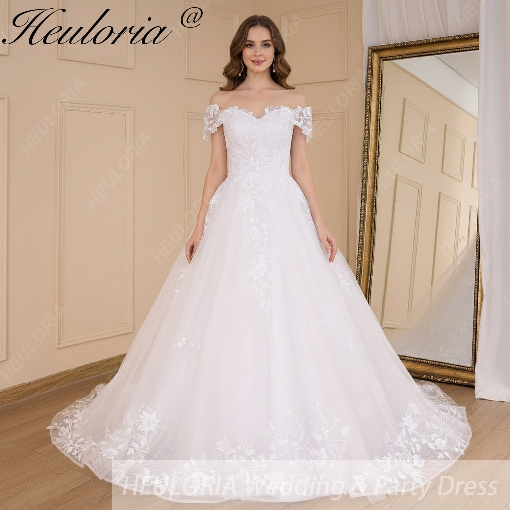 HEULORIA Ball-Gown/Princess off shoulder Cathedral Train Tulle Lace Wedding Dress BA-643