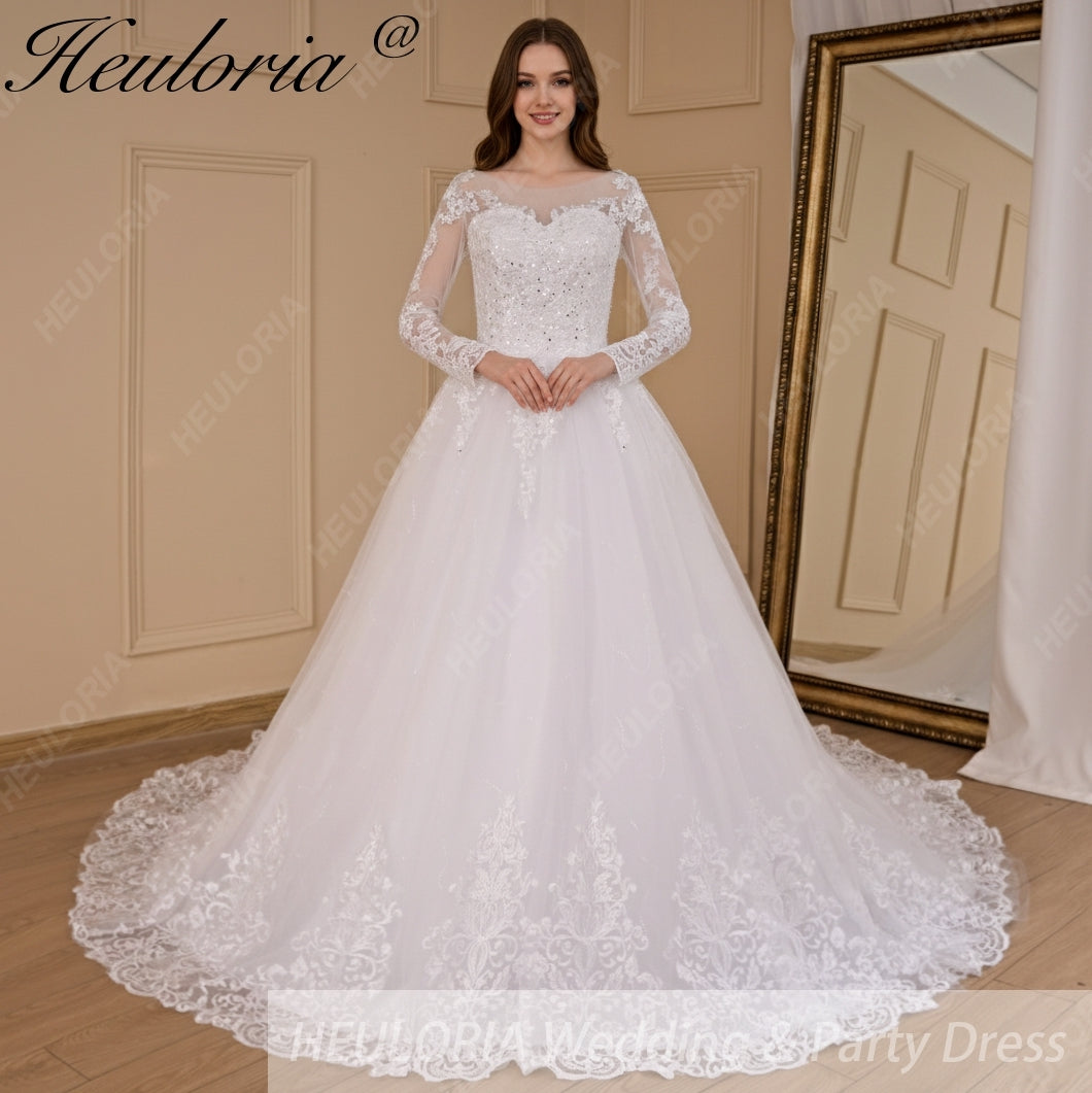 HEULORIA Princess Wedding Dress long sleeve bride dress V neck plus size robe de mariee Lace beading Wedding Bridal Gown BA-684