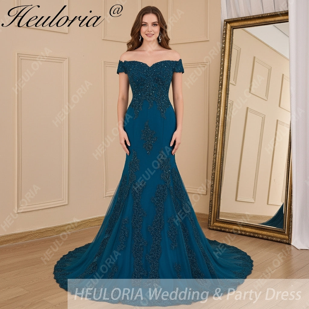 HEULORIA mermaid evening dress off shoulder lace beading wedding party dress long train formal prom dress ME-607