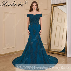 HEULORIA mermaid evening dress off shoulder lace beading wedding party dress long train formal prom dress ME-607