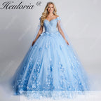 HEULORIA Floral Lace V Neck Strap Sleeve Quinceanera Gown BA-1256
