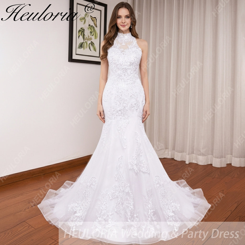 HEULORIA mermaid wedding dress high neck lace beading bride dress long train Robe de mariage ME-0115