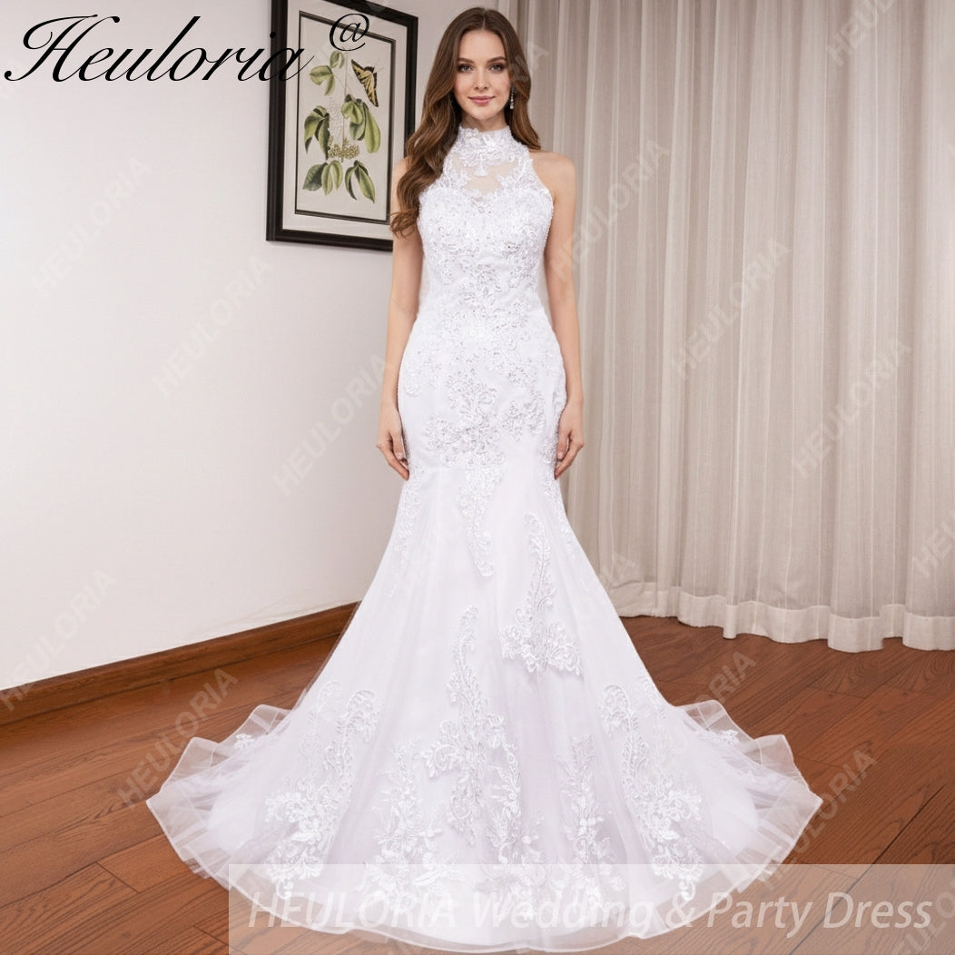 HEULORIA mermaid wedding dress high neck lace beading bride dress long train Robe de mariage ME-0115