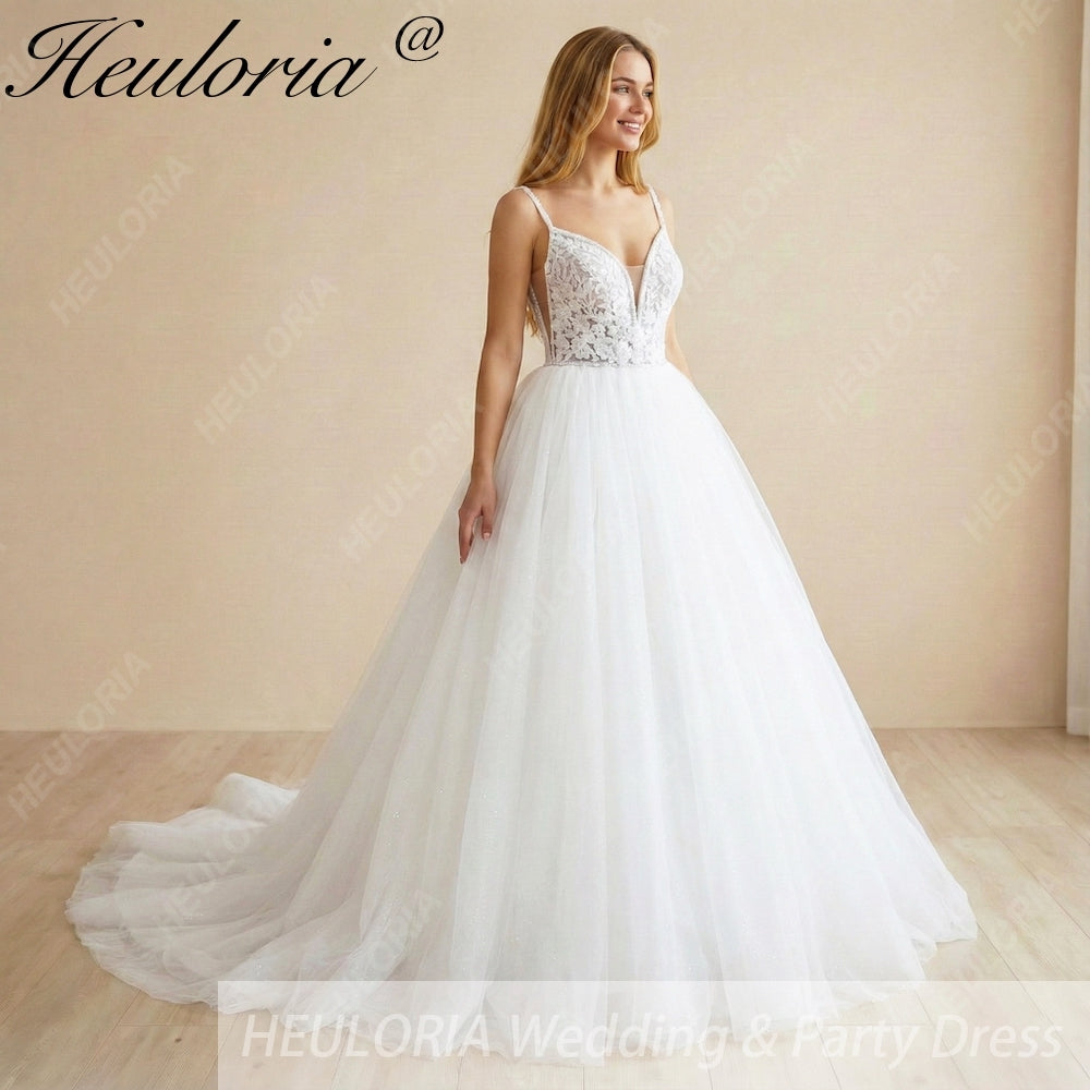 HEULORIA Sparkling Floral Lace A-Line Wedding Dress with Plunging V-Neck and Delicate Spaghetti Straps AL-1064