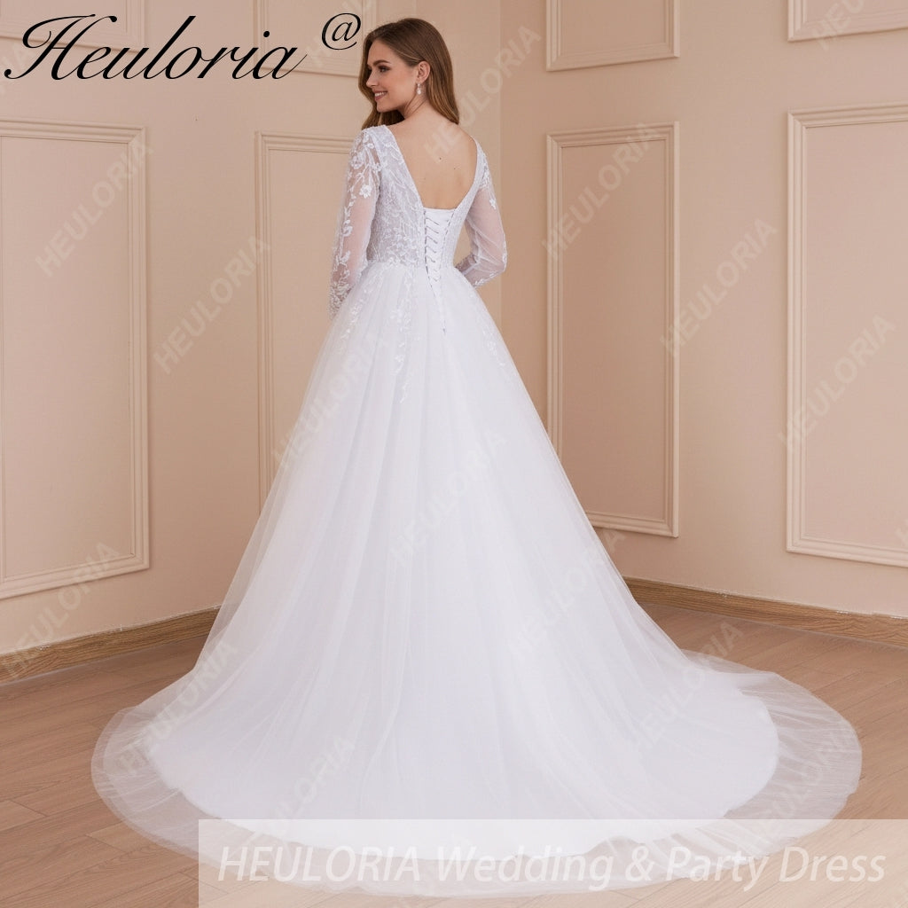 HEULORIA elegant A line long sleeve Court Train Tulle Lace Wedding Dress With Sequins AL-534A