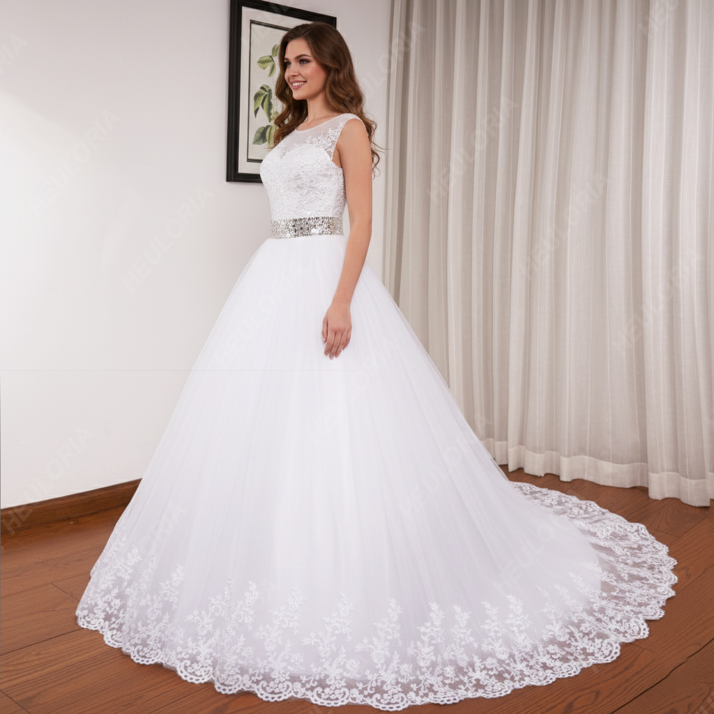 HEULORIA princess ball gown wedding dress o neck lace applique sequin belt beading bride dress court train BA-0117