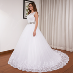 HEULORIA princess ball gown wedding dress o neck lace applique sequin belt beading bride dress court train BA-0117