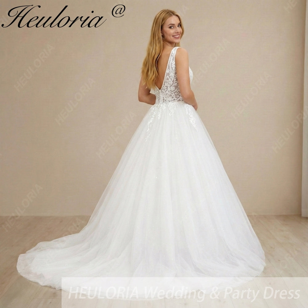 HEULORIA A line Wedding Dress V Neck Sleeveless Boho Lace Appliques Tulle Long Bridal Gowns Backless Vestidos de Novia Customized AL-1022