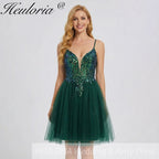 HEULORIA Short Emerald Green V-Neck Sequined Homecoming Dress with Illusion Plunge & Lace-Up Back ED-282