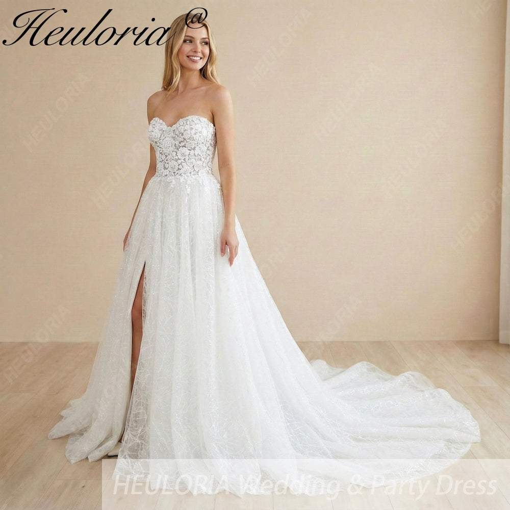 Romantic Sweetheart Strapless A-Line Wedding Dress with Detachable Puff Sleeves & High Slit AL-1008 Immagine principale del prodotto