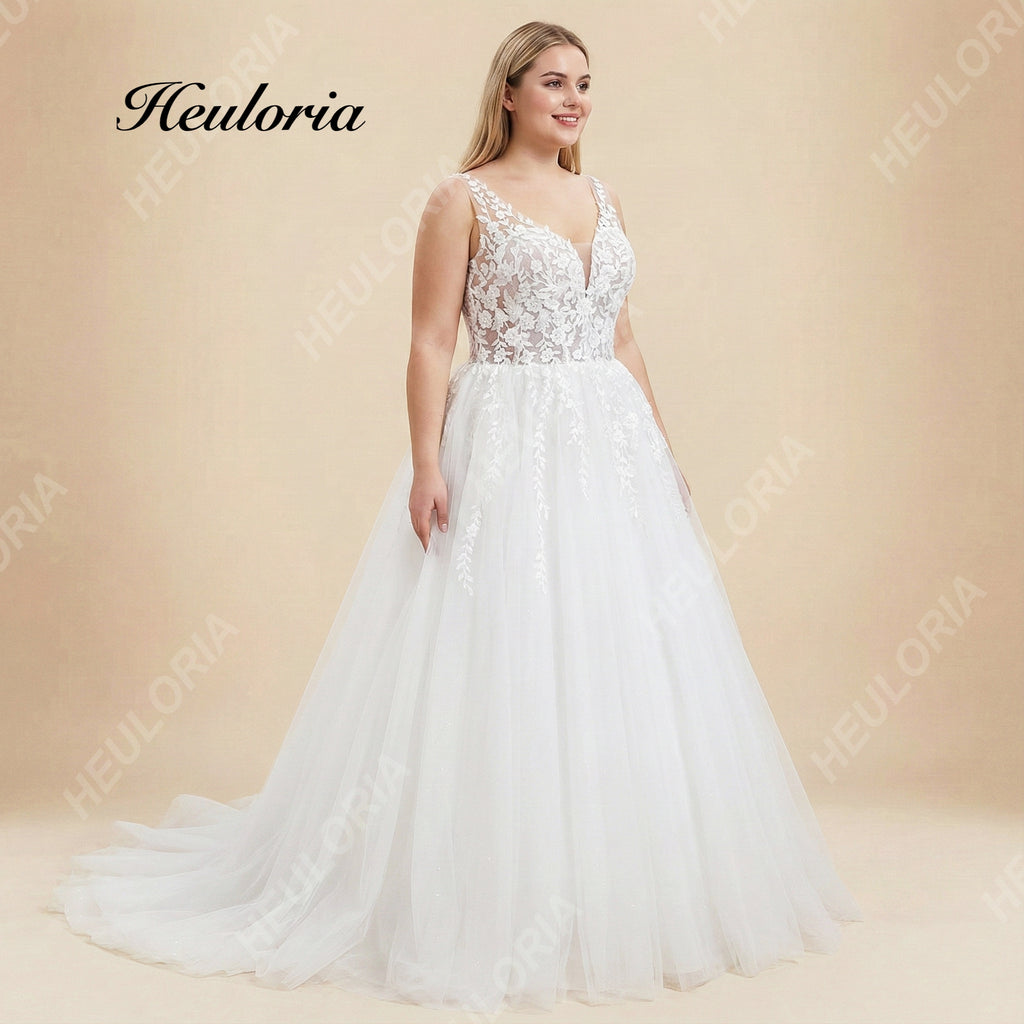 HEULORIA Romantic V-Neck Lace A-Line Wedding Dress with Shimmering Tulle & Vine Appliqués AL-1087plus
