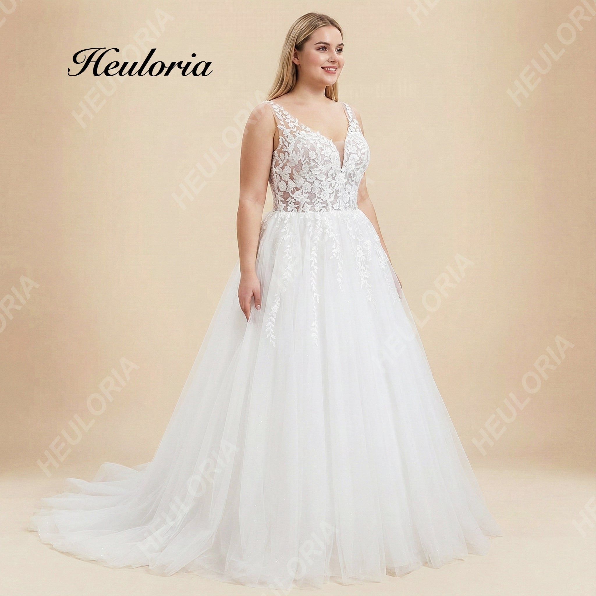 HEULORIA Romantic V-Neck Lace A-Line Wedding Dress with Shimmering Tulle & Vine Appliqués AL-1087plus