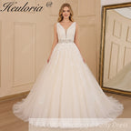 HEULORIA A-line V-Neck Sweep Train Lace Tulle Wedding Dress With Sequins Beading AL-611