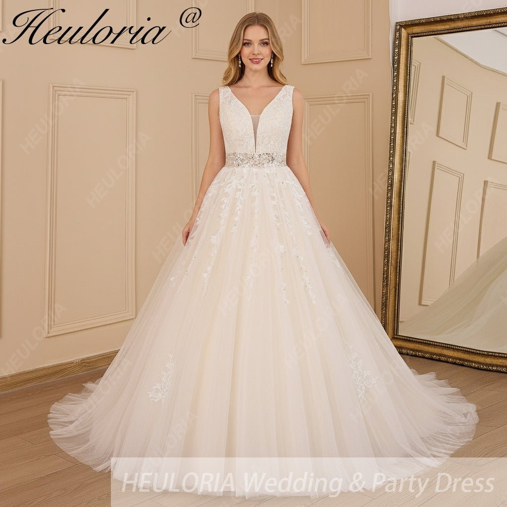 HEULORIA A-line V-Neck Sweep Train Lace Tulle Wedding Dress With Sequins Beading AL-611